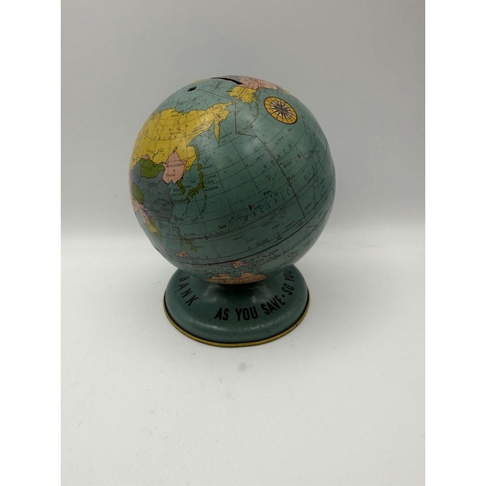 Vintage World Globe Bank Tin Litho Coin Bank As You Save So You Prosper